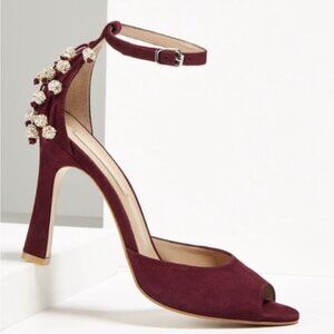 BCBG Max Azria Embellished Adelina Burgundy Seud Heels Women Size 10 US / 40 EU